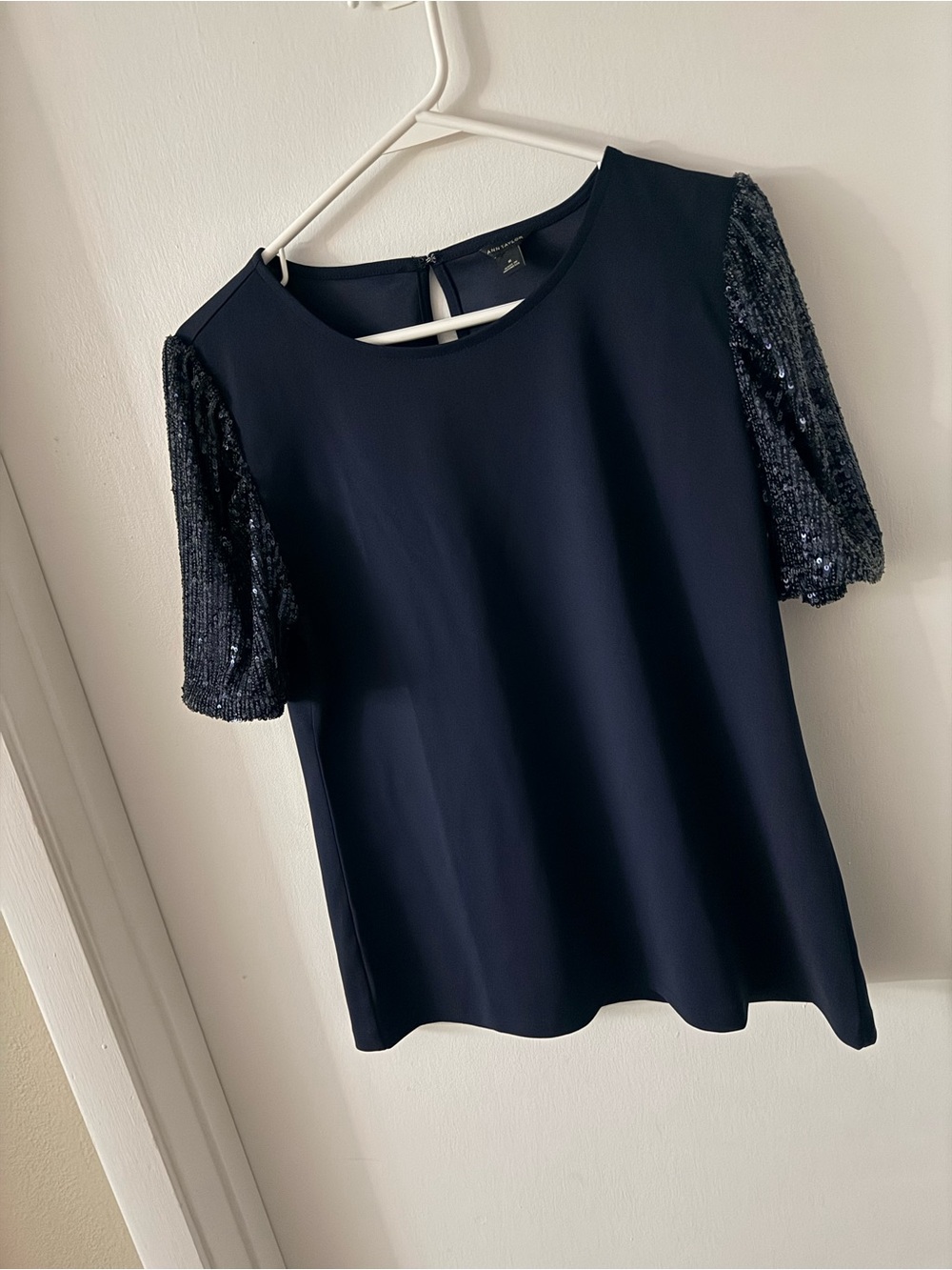 Ann Taylor Navy Short Sleeve Sequin-Sleeve Blouse
